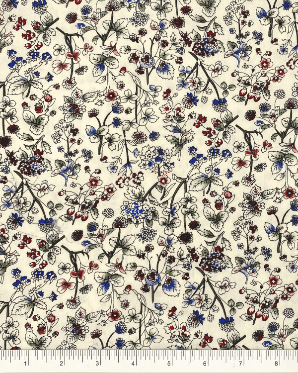 100% Cotton Fabric | Whimsical Cream Country Floral Fabric with Blue Red  Green 56”W