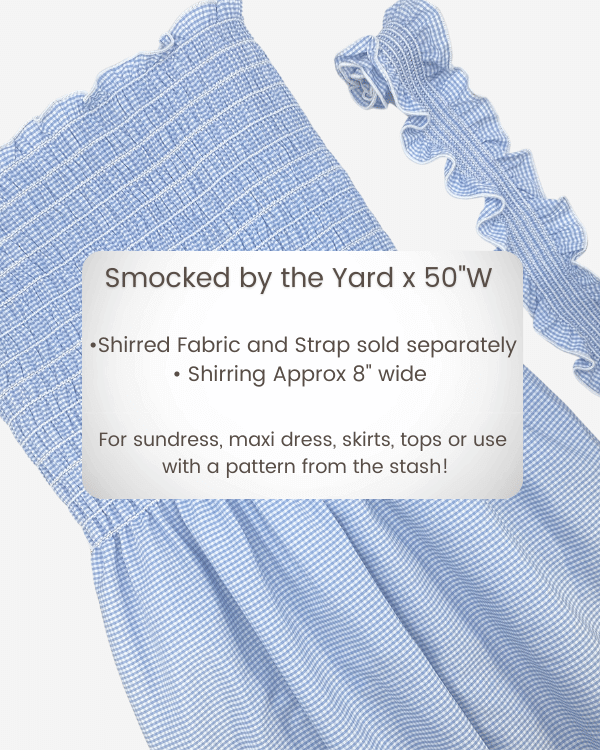 Blue Mini Gingham Smocked Cotton Fabric – Shirred by the Yard, 50 Inch Wide