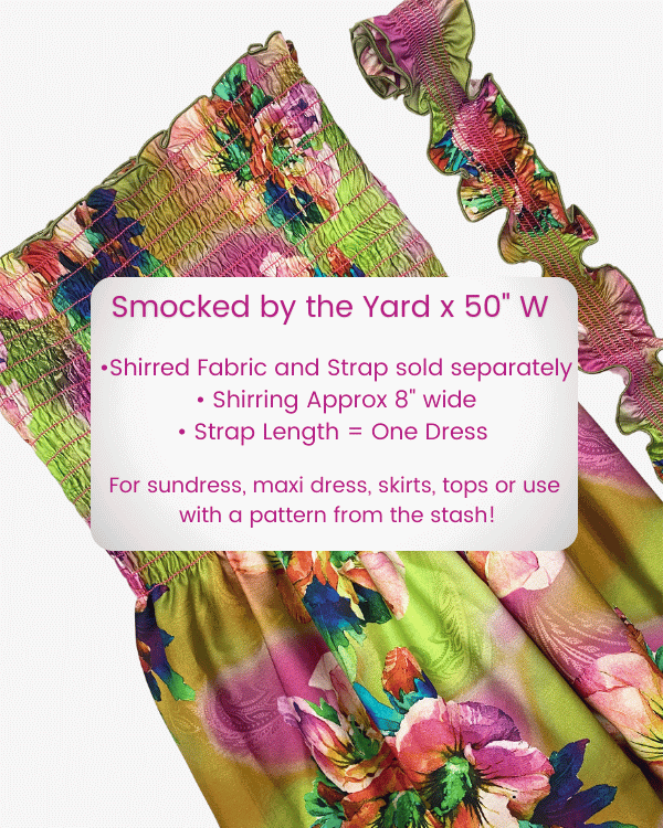 Green Pink Tropical Smocked Cotton Sateen 50 Wide Fabric Shirred Strap Green Pink Tropical Smocked Cotton Sateen 50 Wide Fabric Shirred Strap