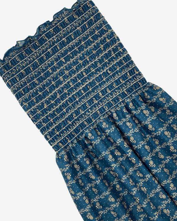 smocked dress fabric Smocked Indigo Floral Stripe Cotton – Shirred Fabric by the Yard Yards -Enter Quantity in cart
