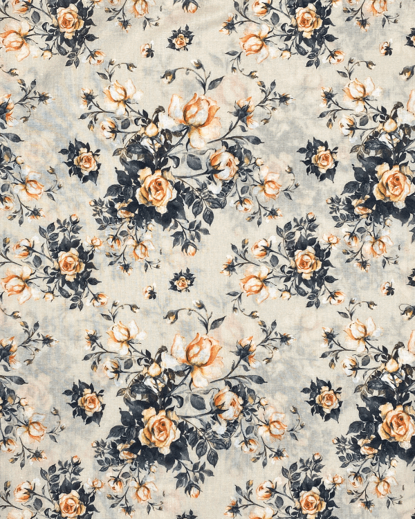 Beige Grey Peach Rose Floral Fabric | Cotton Lawn Print 44W