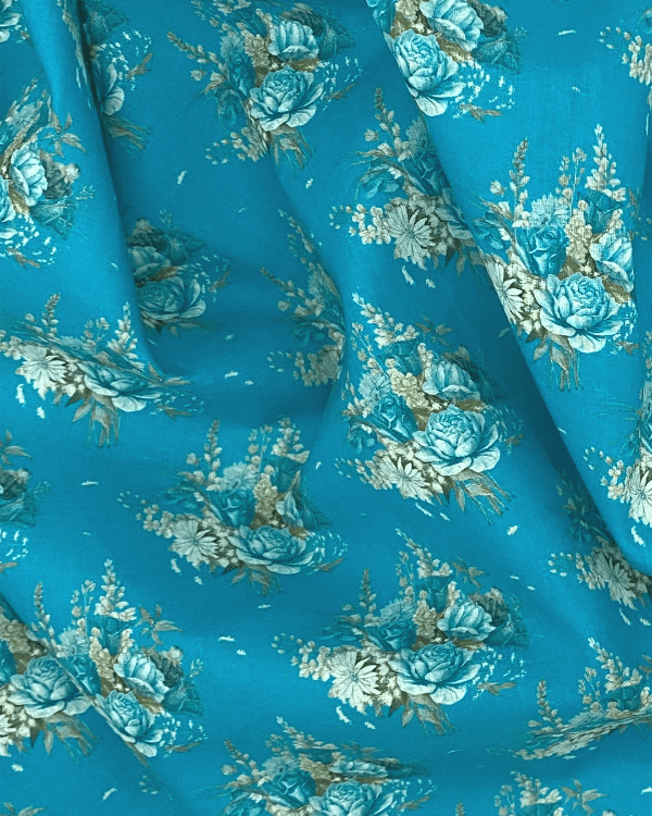 Deep Bright Turquoise Blue Floral Rose Fabric | 100% Cotton Lawn Print 44W
