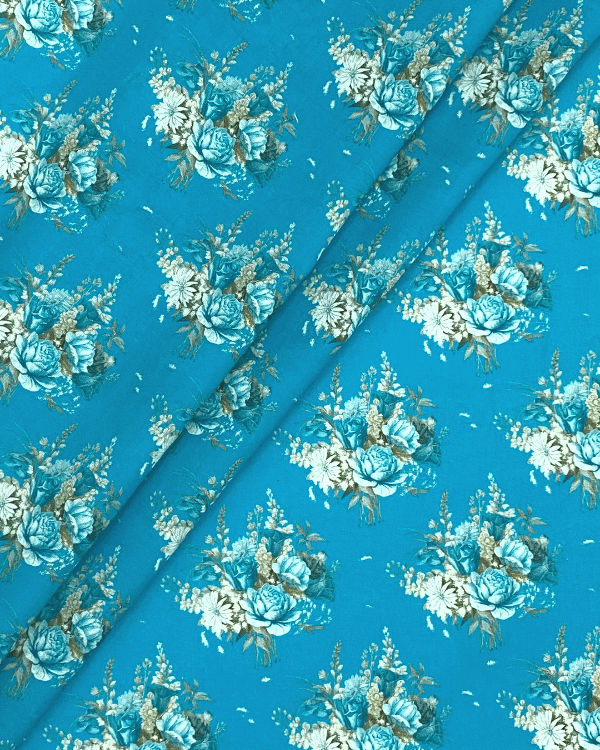 Deep Bright Turquoise Blue Floral Rose Fabric | 100% Cotton Lawn Print 44W