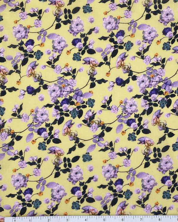 Delicate Yellow Lilac Purple Rose Fabric Cotton Lawn
