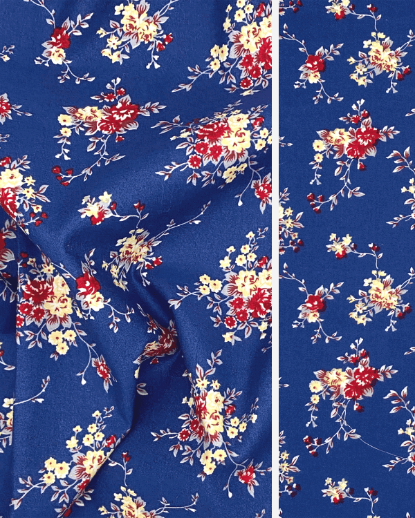 100% Cotton Fabric | Colorful Navy Floral Bouquet Fabric with Blue Yellow Red Flowers 56”W