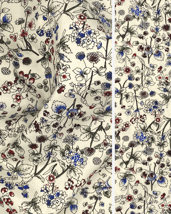 100% Cotton Fabric | Whimsical Cream Country Floral Fabric with Blue Red Green 56”W