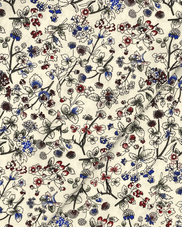 100% Cotton Fabric | Whimsical Cream Country Floral Fabric with Blue Red Green 56”W