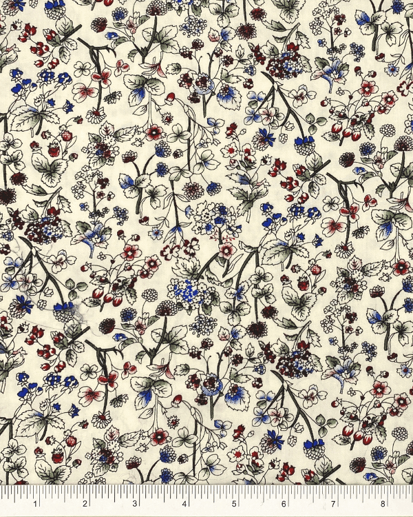 100% Cotton Fabric | Whimsical Cream Country Floral Fabric with Blue Red Green 56”WThreadymade