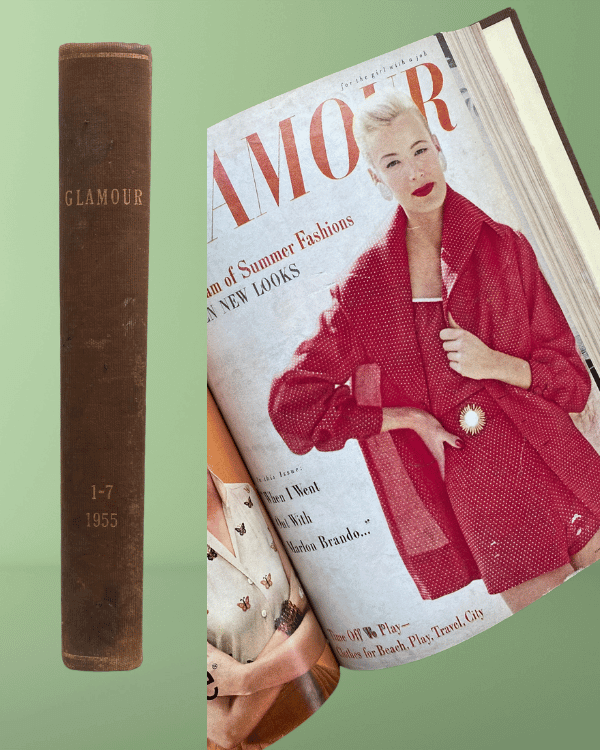 Vintage 1955 Glamour Magazine Book – Retro Fashion, Beauty & Mid-Century StyleThis hardcover anthology of 1955 Glamour magazines brings you six months of retro fashion, beauty tips, and timeless charm. A vintage collector's dream!Threadymade