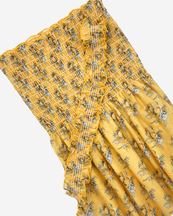 Smocked floral cotton fabric with gathered top in yellow