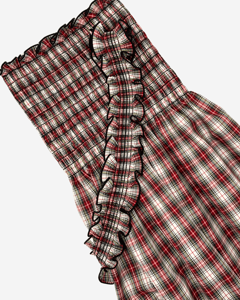 Smocked red tartan plaid cotton fabric with shirring panel, 50 inches wide – perfect for handmade dresses, skirts, and tops