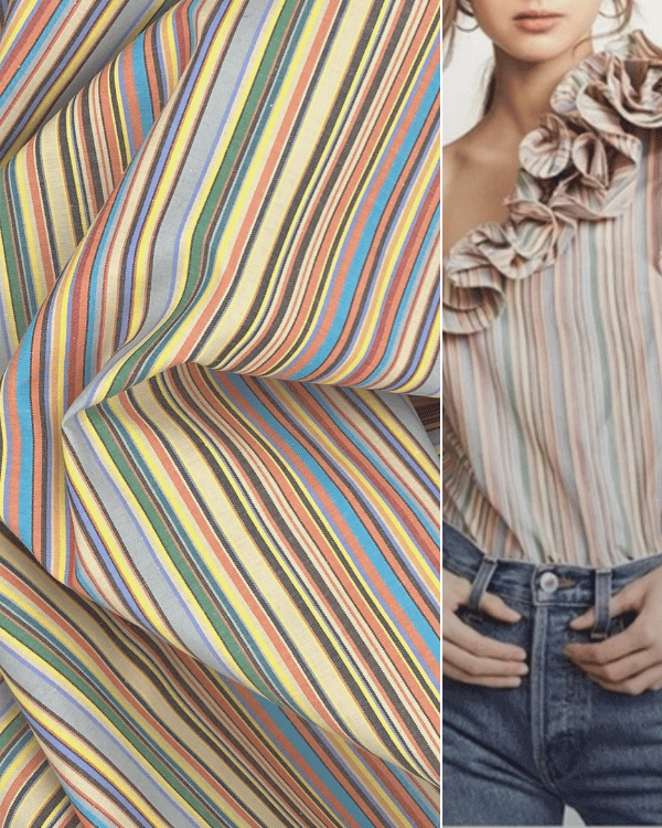 Retro Multi Stripe Cotton Fabric – Boho & Farmhouse Charm 58WShop retro-inspired multi-stripe cotton fabric with soft mid-tone hues and farmhouse charm. Perfect for apparel, home decor, and boho-chic DIY projects. Sustainably deadstock! Threadymade