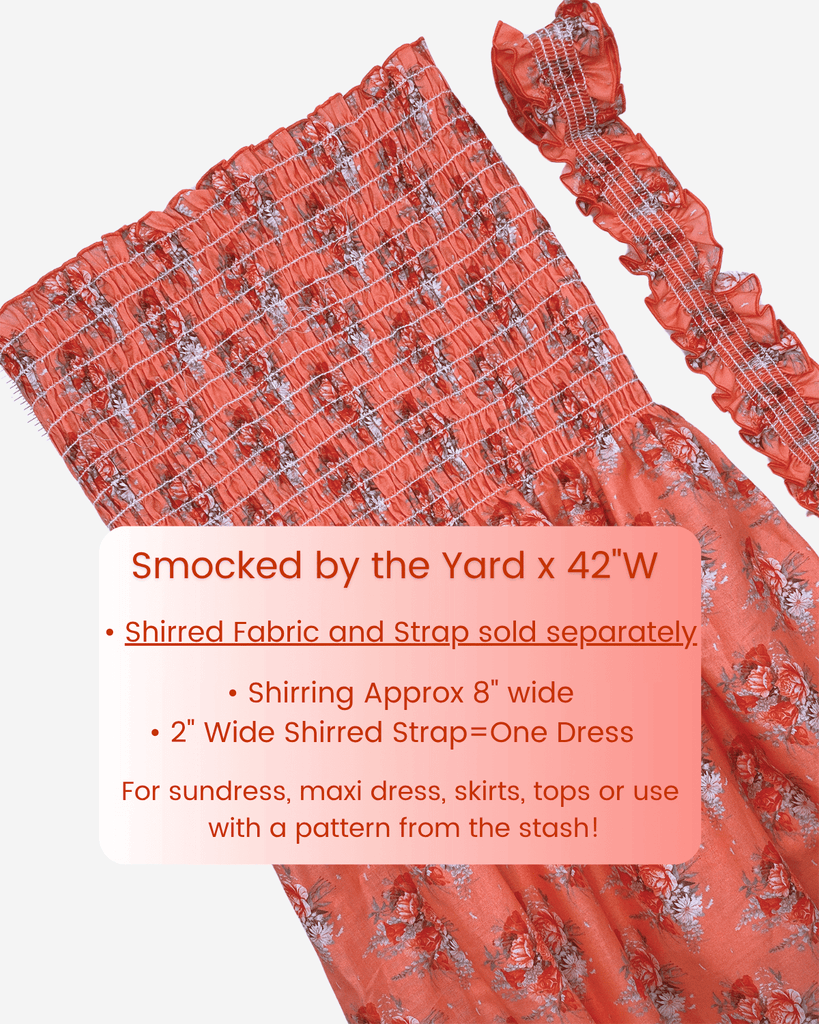 Peach floral shirred cotton dress fabric with optional strap