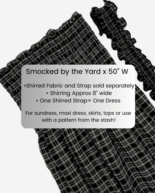 Black plaid shirred fabric with optional straps – sold by the yard