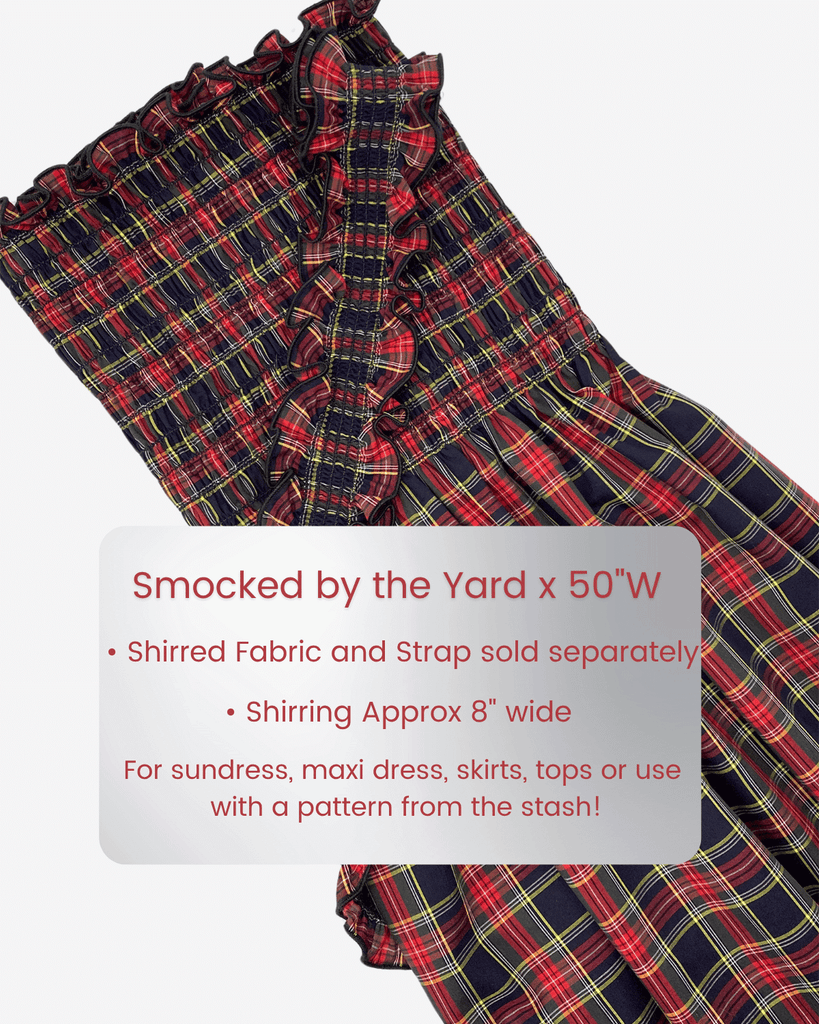 DIY-ready black stewart plaid fabric with elastic top panel and shirred strap sold separately