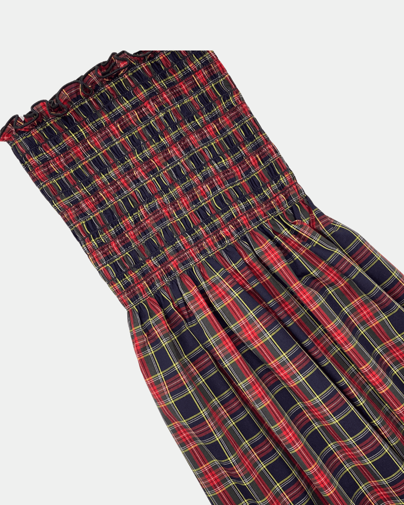 Dark Navy Red Tartan Smocked Cotton Shirred Fabric 50 Inch Shirred Strap | 2.25" W x 30" L Dark Navy Red Tartan Smocked Cotton Shirred Fabric 50 Inch Shirred Strap | 2.25" W x 30" L