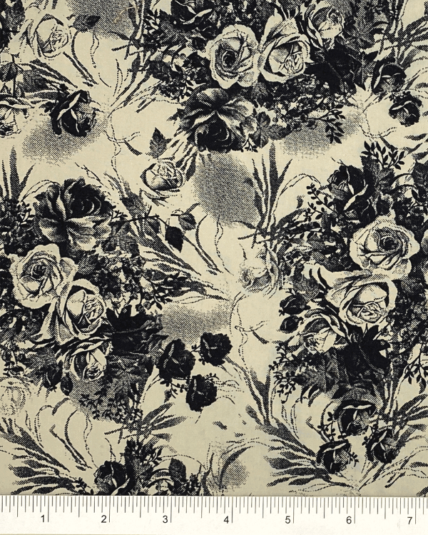 Beige Black Rose Toile Cotton Floral Fabric 56"W