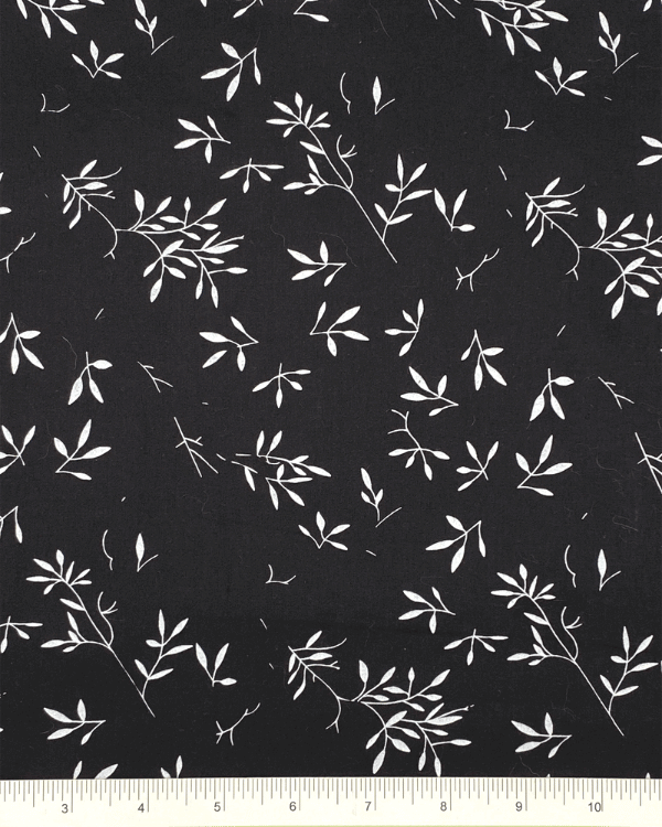 58"W Black White Scattered Stem and Leaves Floral Cotton Fabric