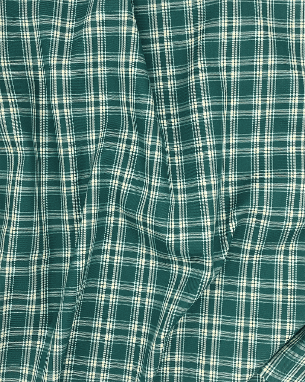 Teal green plaid cotton twill fabric 58 inch wide shown draped