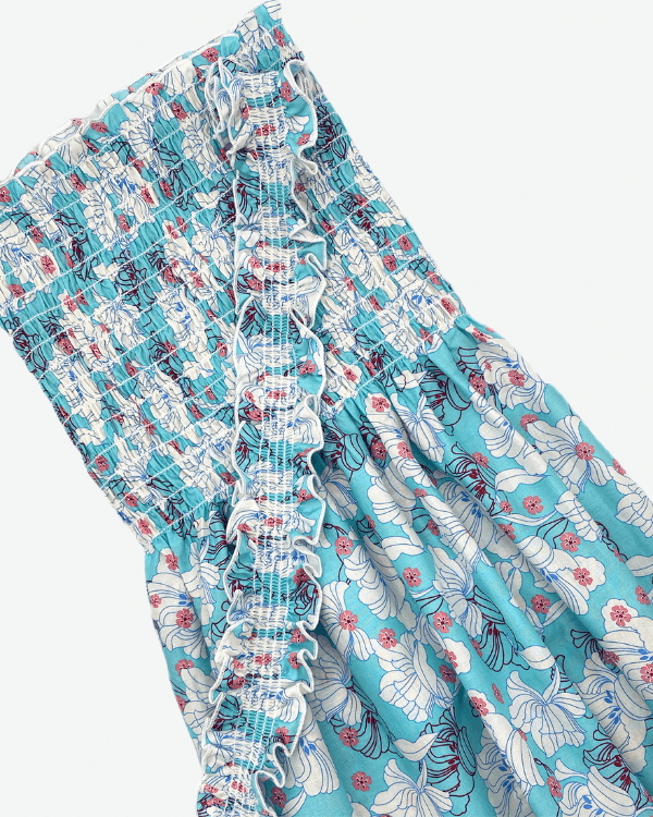 Aqua blue Art Deco smocked cotton fabric shown with shirred strap