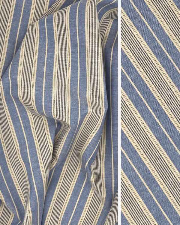 Chambray Blue Striped Cotton Fabric – Retro Charm, Modern VersatilityDressmaking dreams, nostalgic tailoring, and retro DIY projects start here! Lightweight chambray blue striped cotton fabric, perfect for apparel, home decor, and crafts. Deadstock & sust