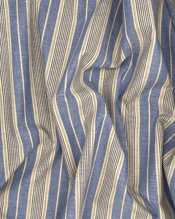 Chambray Blue Striped Cotton Fabric – Retro Charm, Modern VersatilityDressmaking dreams, nostalgic tailoring, and retro DIY projects start here! Lightweight chambray blue striped cotton fabric, perfect for apparel, home decor, and crafts. Deadstock & sust