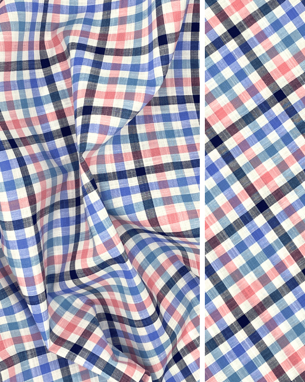 White Blue Pink Multi Color Cotton Slub Plaid Fabric 58WBrighten your sewing with our multi-color cotton slub plaid! At 58" wide, it's perfect for vibrant dresses or chic button-ups.Threadymade