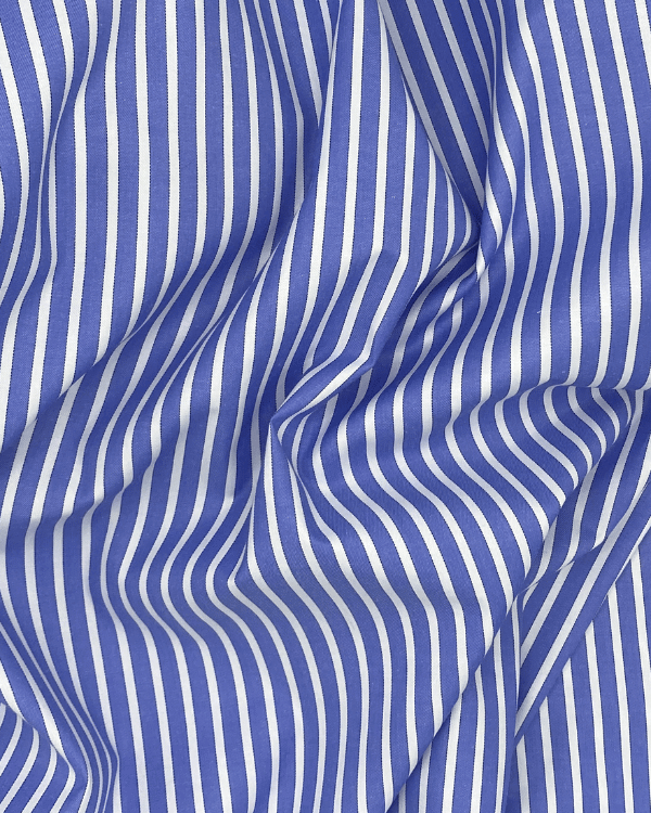 Blue and White Stripe Cotton Twill Shirting Fabric 58WBlend smart with style! Our blue-and-white cotton twill fabric is perfect for chic shirtdresses or dramatic DIY decor creations.Threadymade