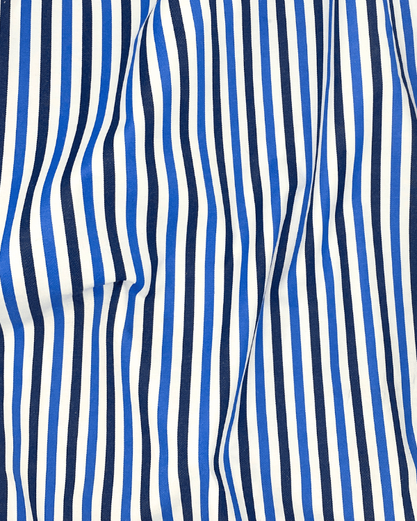 Blue & Navy Striped Cotton Blend Fabric – 58” Wide Yarn Dye Dobby Twill TextileBold blue & navy striped cotton blend fabric (58” W) with yarn-dye dobby twill. A premium deadstock textile, perfect for apparel, accessories, and décor. Threadymade