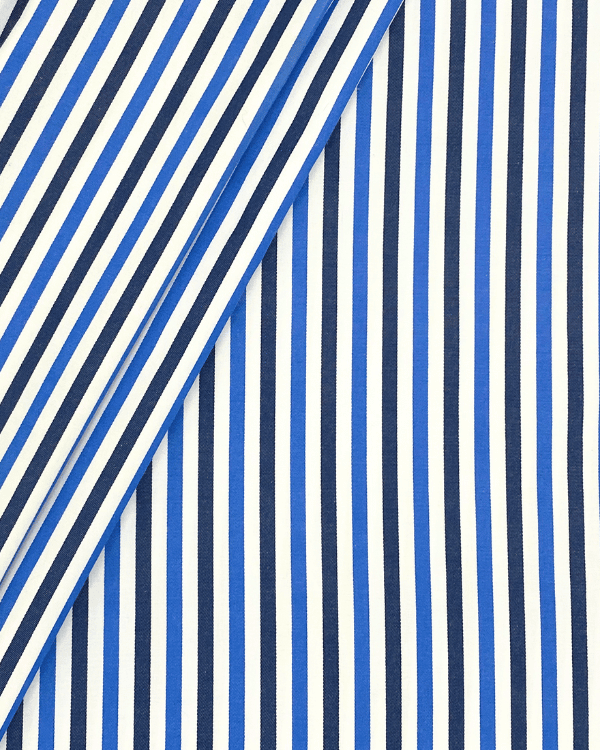 Blue & Navy Striped Cotton Blend Fabric – 58” Wide Yarn Dye Dobby Twill TextileBold blue & navy striped cotton blend fabric (58” W) with yarn-dye dobby twill. A premium deadstock textile, perfect for apparel, accessories, and décor. Threadymade