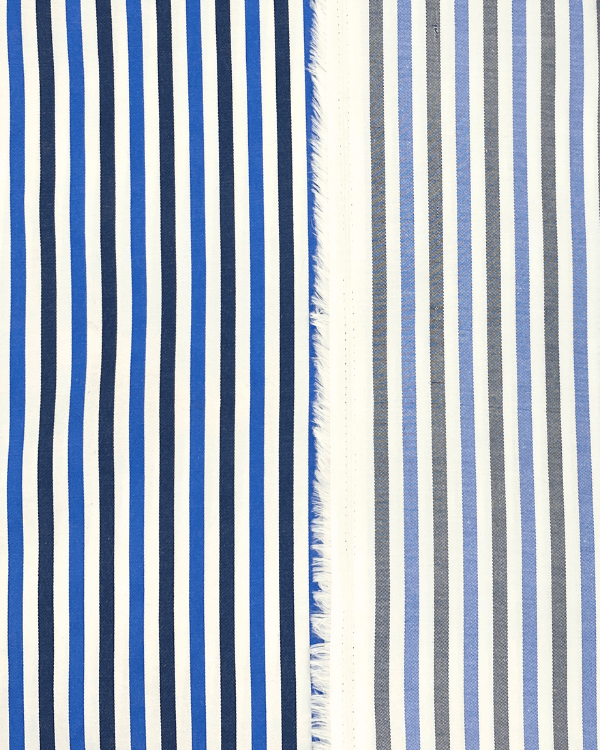 Blue & Navy Striped Cotton Blend Fabric – 58” Wide Yarn Dye Dobby Twill TextileBold blue & navy striped cotton blend fabric (58” W) with yarn-dye dobby twill. A premium deadstock textile, perfect for apparel, accessories, and décor. Threadymade