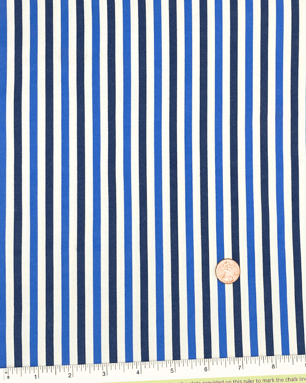 Blue & Navy Striped Cotton Blend Fabric – 58” Wide Yarn Dye Dobby Twill TextileBold blue & navy striped cotton blend fabric (58” W) with yarn-dye dobby twill. A premium deadstock textile, perfect for apparel, accessories, and décor. Threadymade