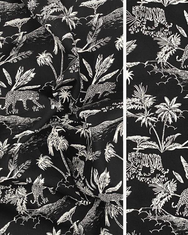Black White Jungle Safari Toile De Jouy Fabric | Cotton 58"W | Photo of fabric in a draped ball and flat