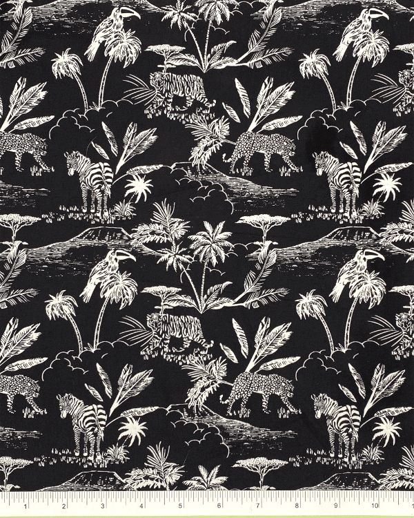 Black White Jungle Safari Toile De Jouy Fabric | Cotton 58"W | Photo of fabric with ruler for scale