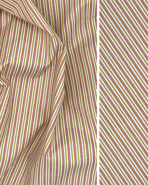 Crisp Peach Green Stripe Fabric | Poly Cotton Shirting