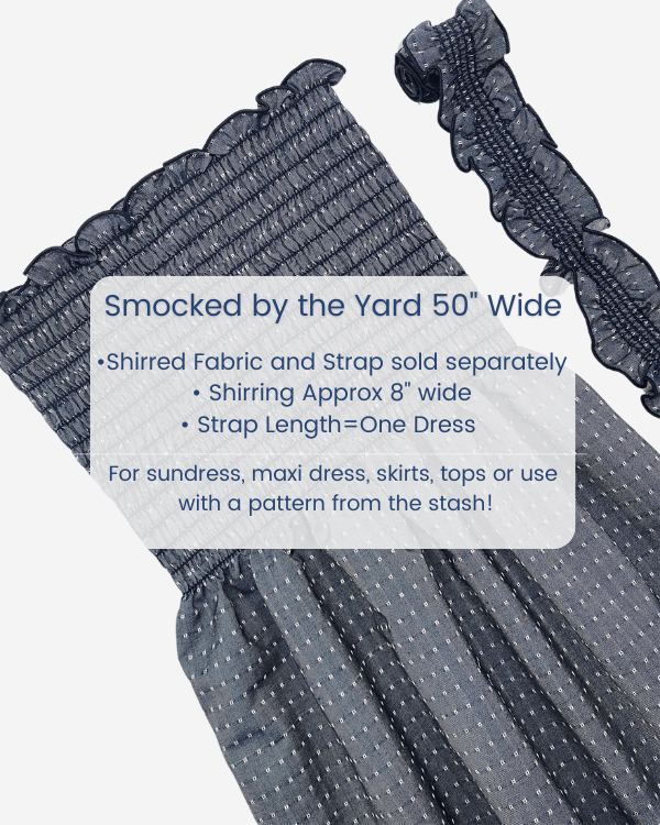 Close-up of smocking and woven dot detail on navy chambray cotton fabric – 50 inches wide