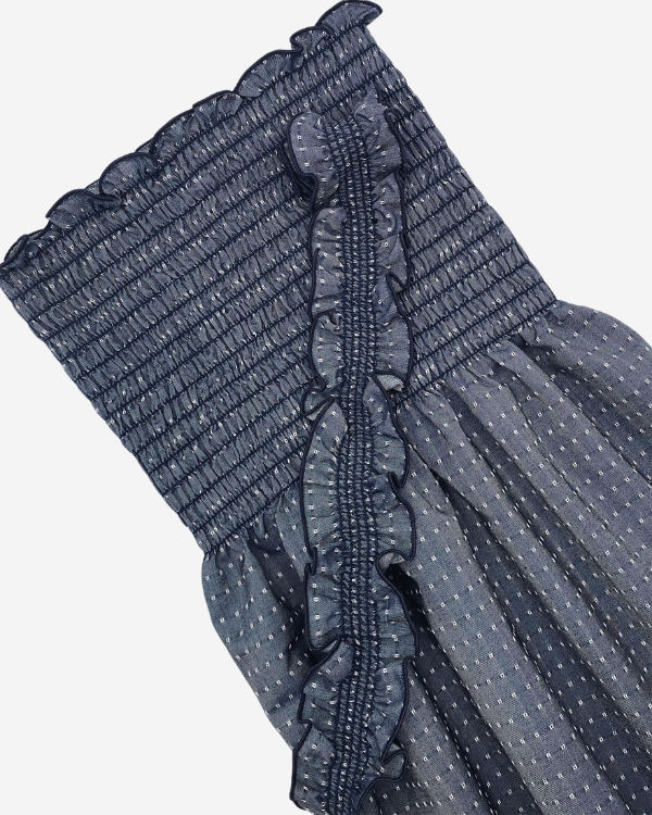 Pre-shirred navy cotton chambray with optional ruffled strap – DIY dressmaking fabric