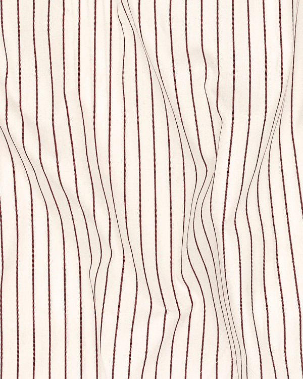 Creamy White cotton shirting fabric with red woven stripes, flat lay close-up