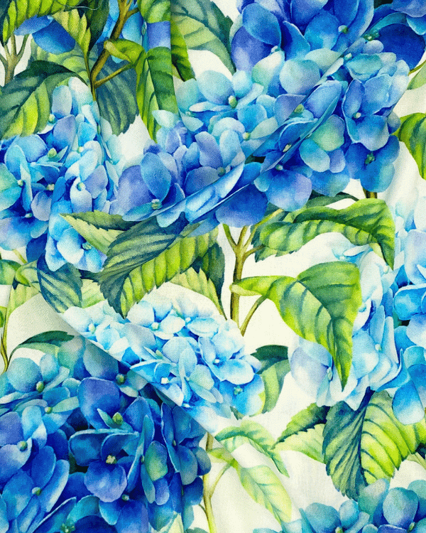 Blue hydrangea floral rayon fabric draped to show soft fluidity and elegant movement