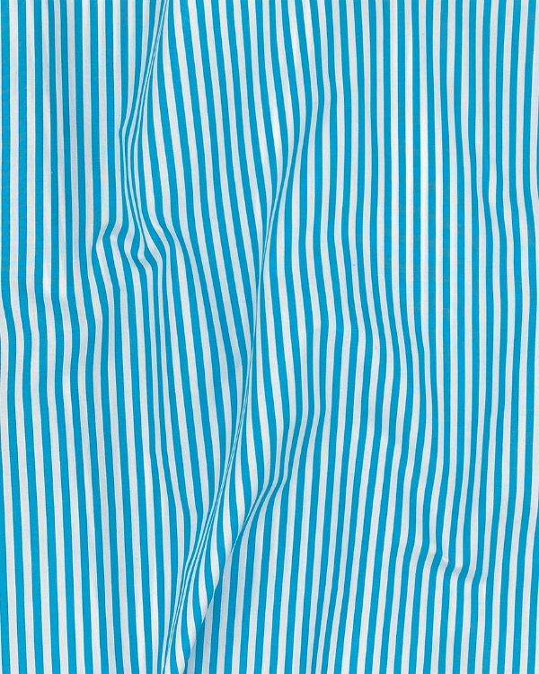 Draped sky blue and white striped cotton fabric, 58 inches wide