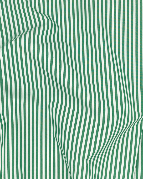Draped green and white striped cotton fabric, 58 inches wide