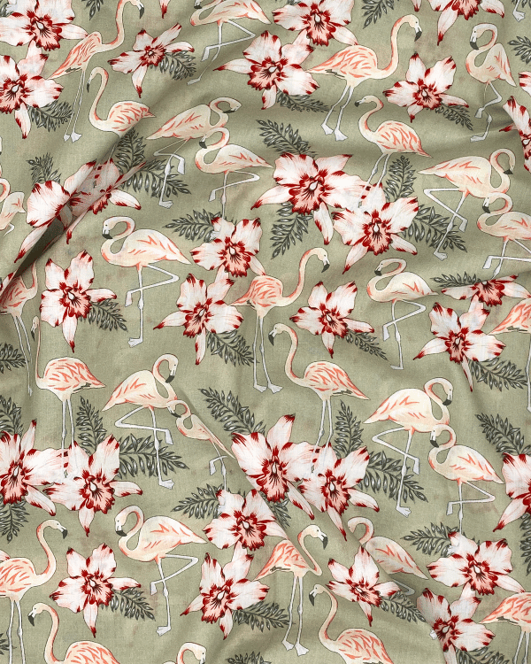 Sage Green Flamingo Cotton Fabric – 56” Wide Tropical Print Add or Buy The 1/2 Yard