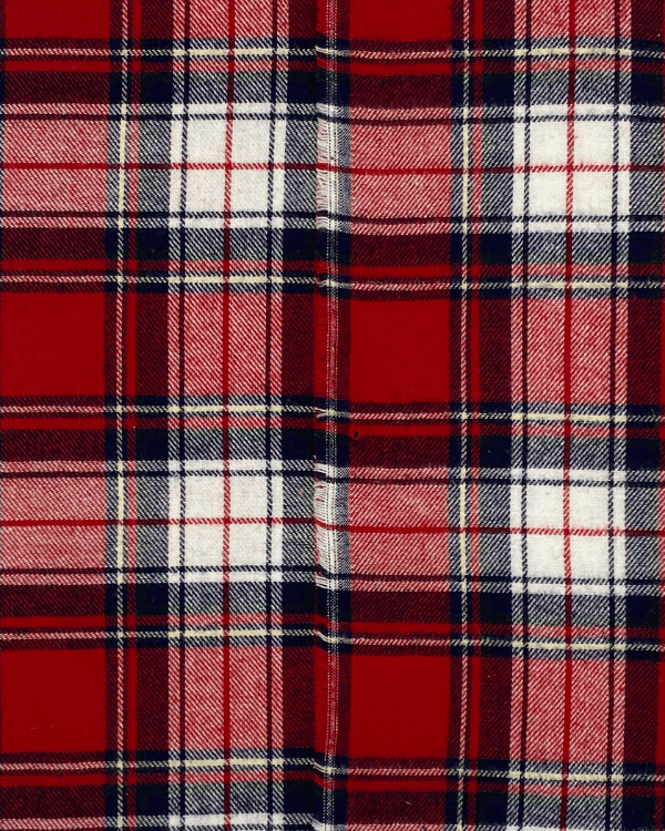 Brushed red plaid fabric showing front and reverse sides