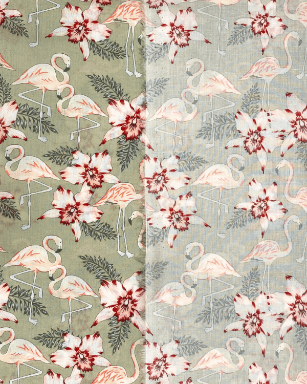 Front and back view of sage green flamingo cotton fabric, pink birds and hibiscus print.
