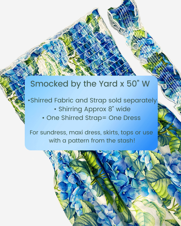 Shirred blue green floral rayon fabric shown with matching pre-shirred strap.