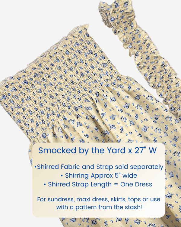 Pre-shirred yellow blue floral cotton fabric with matching straps for girls’ dresses.