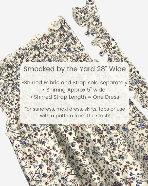 Cream floral smocked cotton fabric, 28 inch wide with 5 inch shirring for girls with ioptional matching strap