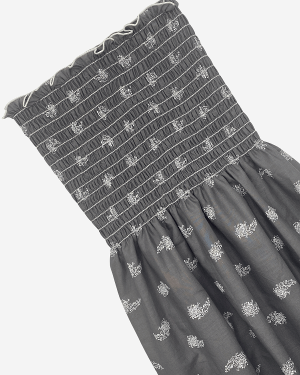 Charcoal gray paisley floral smocked shirred cotton fabric, 50 inch wide, by the yard