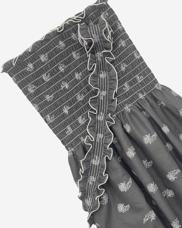Charcoal gray paisley floral smocked shirred cotton fabric and shoulder strap for sewing sundresses