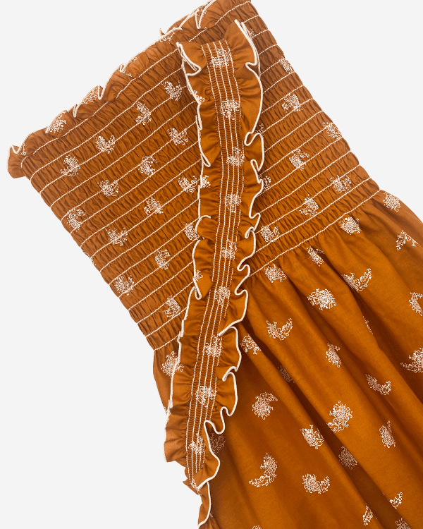 Burnt orange floral  paisley smocked shirred cotton fabric and shoulder strap for sewing sundresses